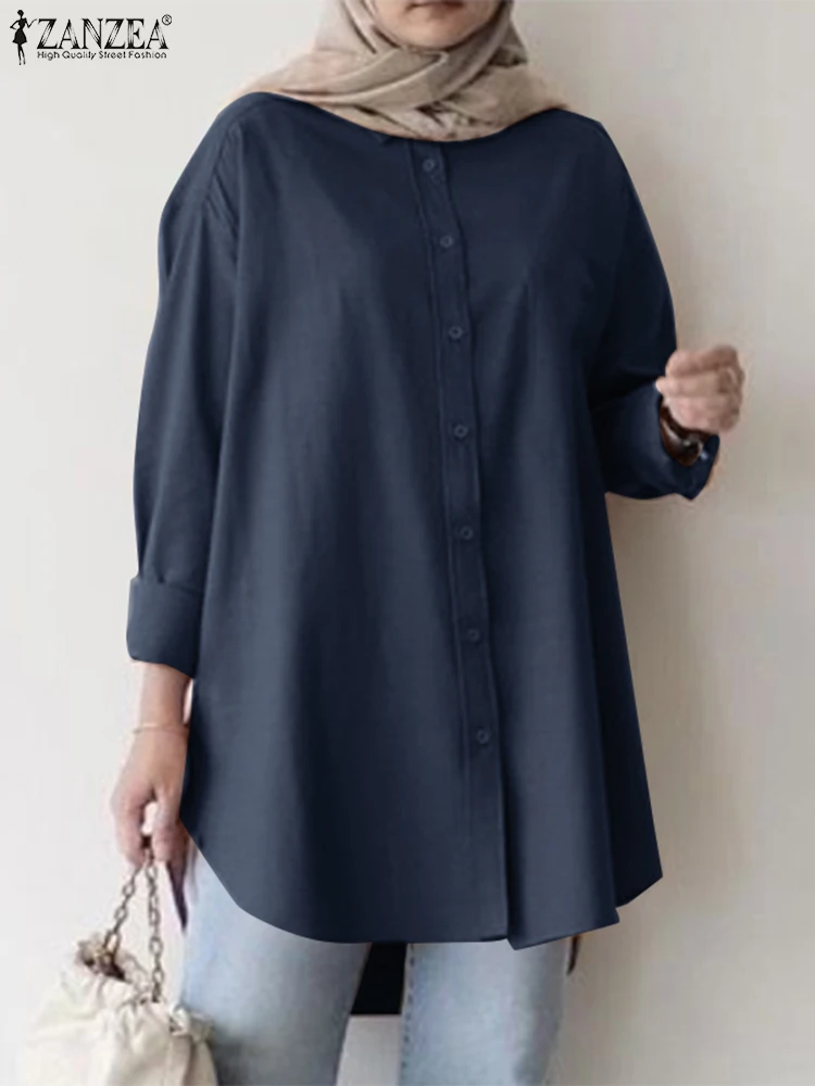 

ZANZEA Vintage Casual Elegant Blusas Muslim Fashion Blouse Hijab Abayas for Women Long Sleeve Solid Color Lapel Ramadan Tops