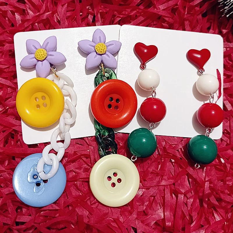 

INS Exaggerated Heart Flower Bead Button Earring for Women Cute Earring Stud Young Girl Korean Fashion Green Jewelry Accessories