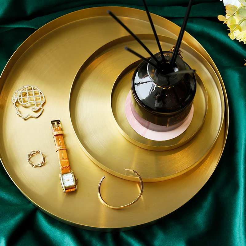 Home Decor Golden Storage Tray Round Jewelry Desktop Display Plate Retro Kitchen Dinner Scissors Organizer |