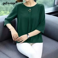 elegant solid o neck 34 sleeve shirts women fashion elegant oversize 5xl loose blouse ladies 2022 mom casual spring summer tops