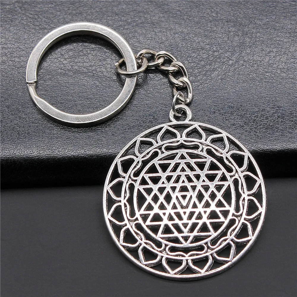 

Woemn Men Keychain DIY Metal Holder Chain Antique Silver Color 44x40mm Sri Yantra Pattern Pendant Keyring Gift