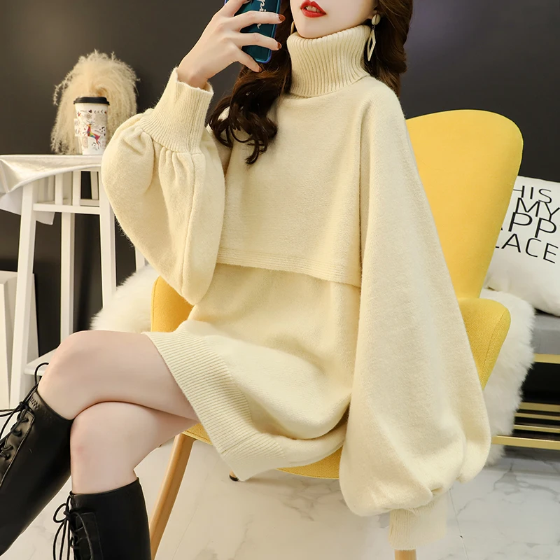 

Winter Warm Turtleneck Sweater Female Thicken Autumn 2022 New Fashion Casual Lantern sleeve Beige Khaki Long Knitted Pullover