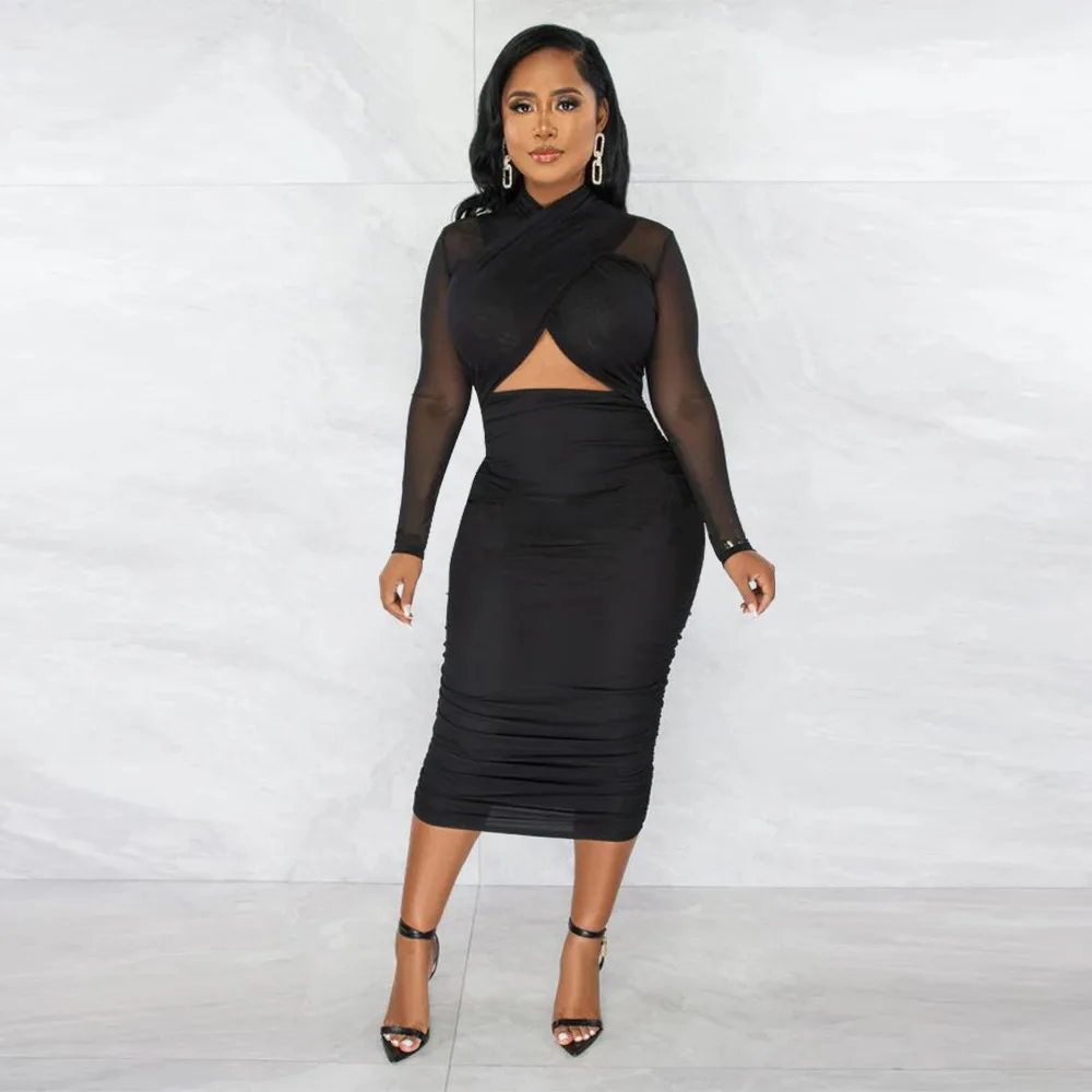 

Sexy Long Sleeve Hollow Out Bodycon Slim Tight Dress Women Party Club Midi Dresses Vestido