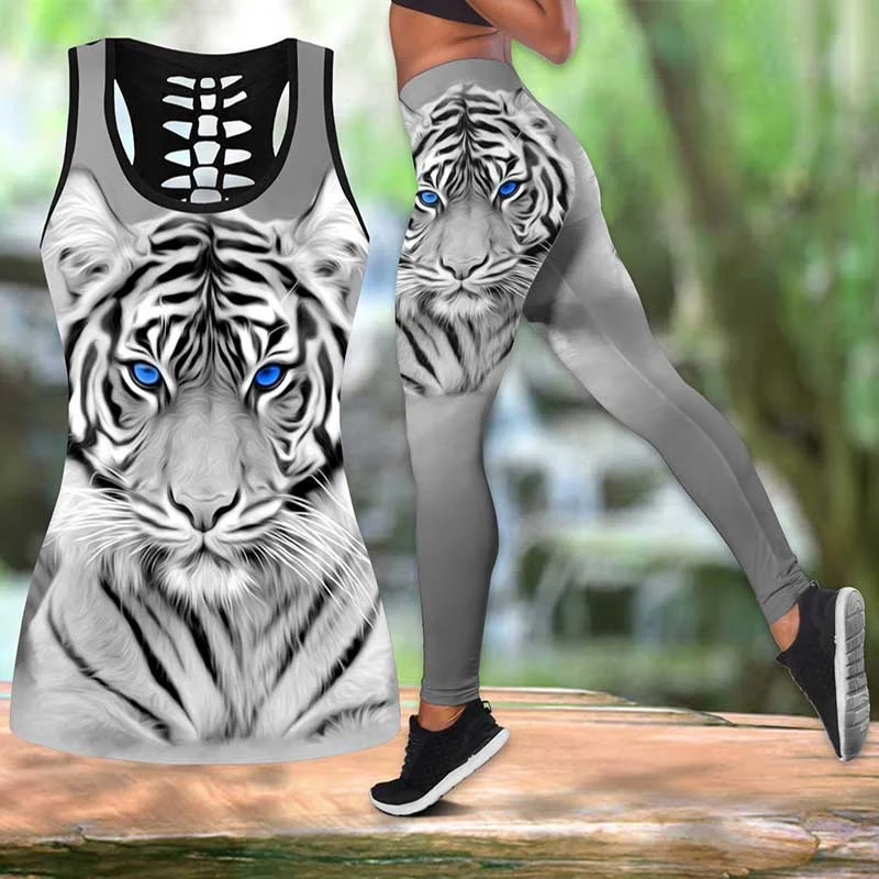 Women's Fashion Black Panther and Tigers Print Combo Tank + Legging Summer Sleeveless Tank Tops Casual Blouse Tops