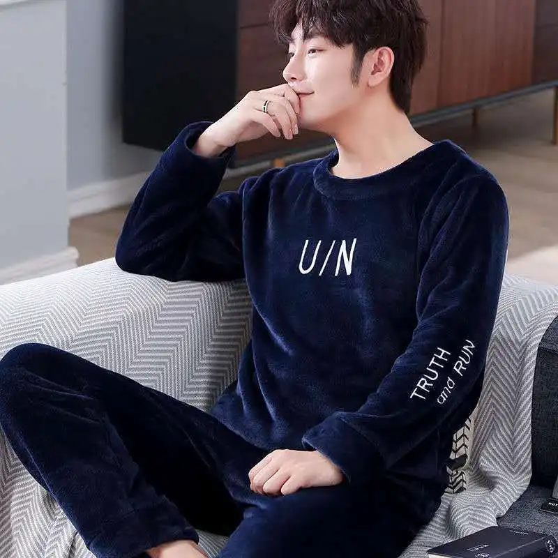 Men's pajamas winter plus velvet thickened flannel warm autumn and winter coral fleece suit home service plus size 2022