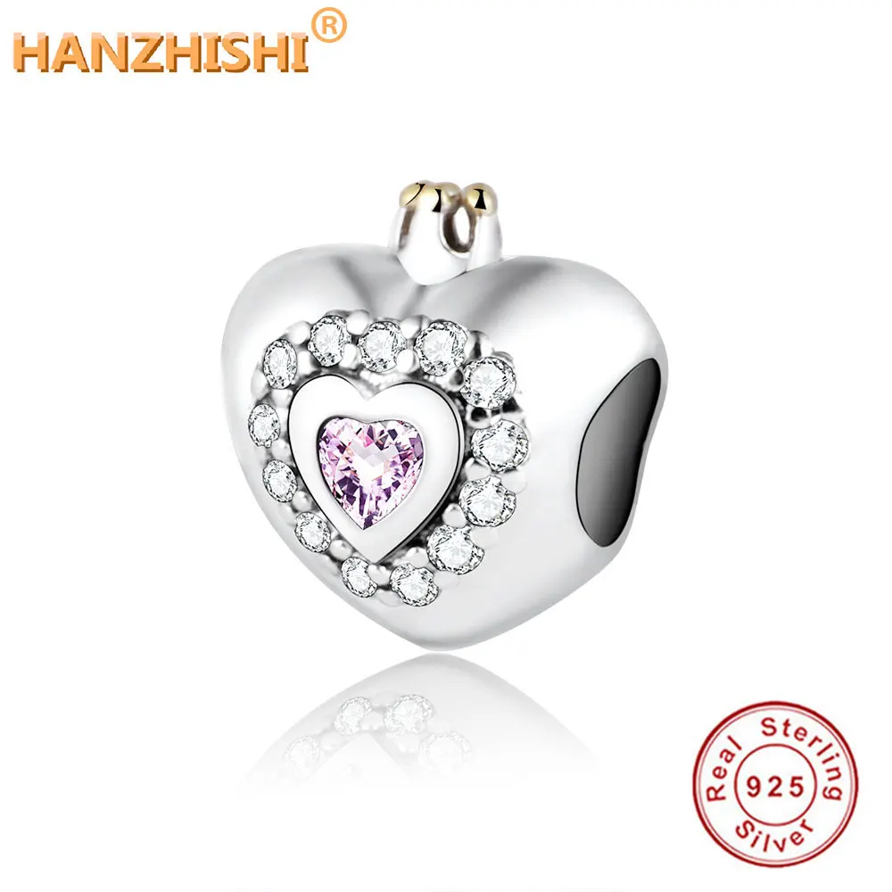 

100% 925 пробы серебряные бусины в форме сердца, серебряные подвески с короной, розовый и прозрачный кубический цирконий, подходят для шармов, б...