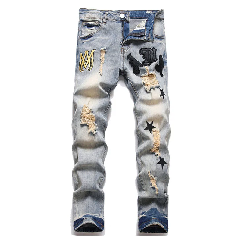 

High Street Ripple Patches Jeans Pants Washed Streetwear Slim Denim Trousers For Male Harakuju