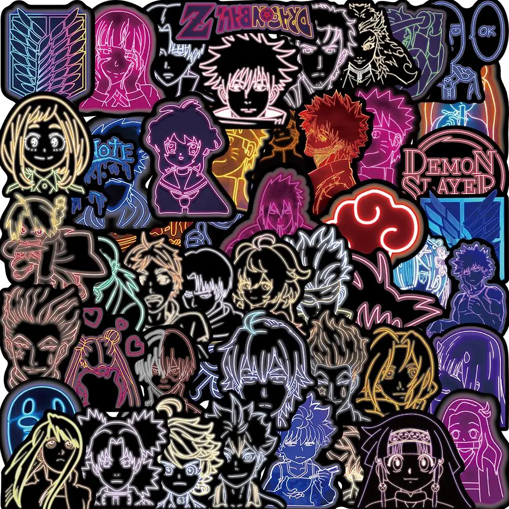 

10/25/50PCS Anime Neon Light Sticker Mix Jujutsu Kaisen Attack on Titan Stickers DIY Car Phone Laptop Bike Kids Toy Gift Sticker