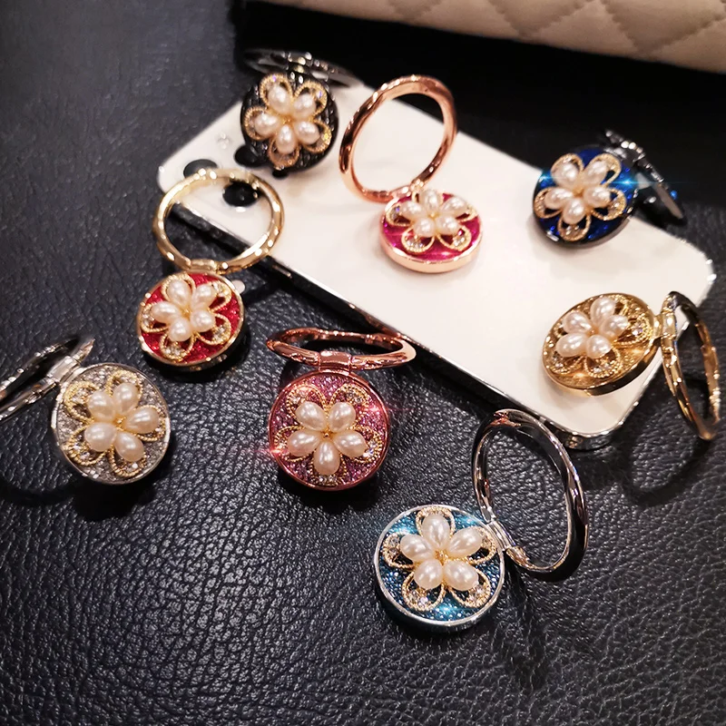 

5 petal flower bling crystal pearl 360 degree rotating mobile phone universal holder car holder metal mobile phone ring holder