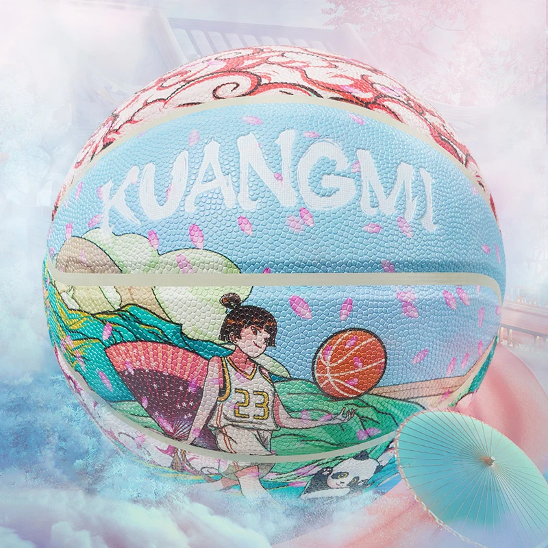 Kuangmi Anime Comic Pink Basketball Anti Slip Moisture Absorption PU Soft Wear-Resisting Basketball Ball Size 6/7