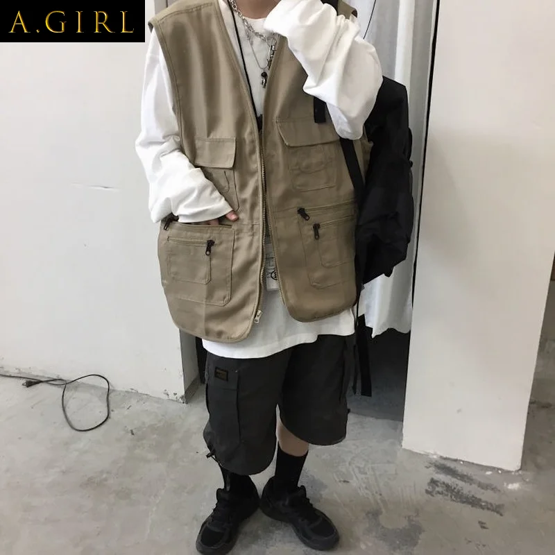 

Vests Women Unisex Cool High Street Buttons Pockets Loose Spring Autumn All-match Japanese Style BF Solid Color Harajuku Couples