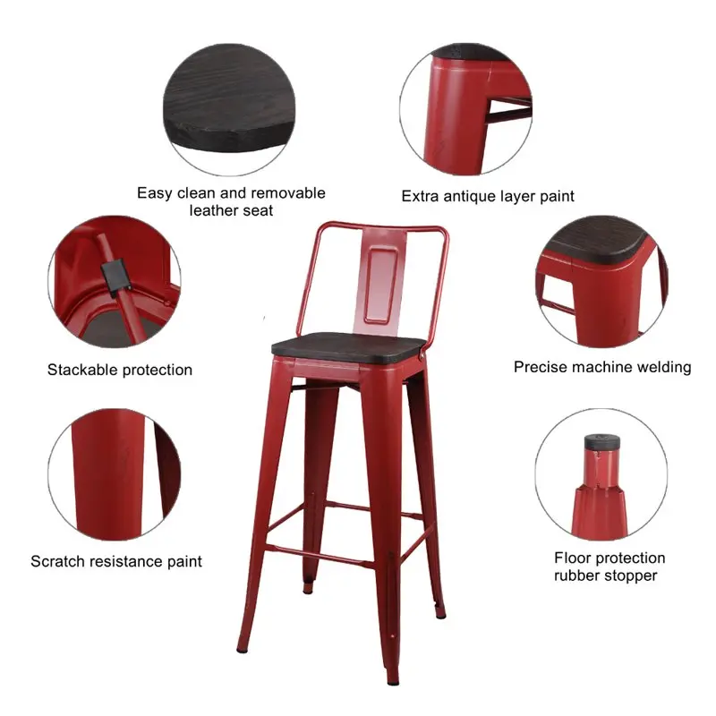 

Group 30 Inch Middle Back Metal Stool with Wood , Salmon Red