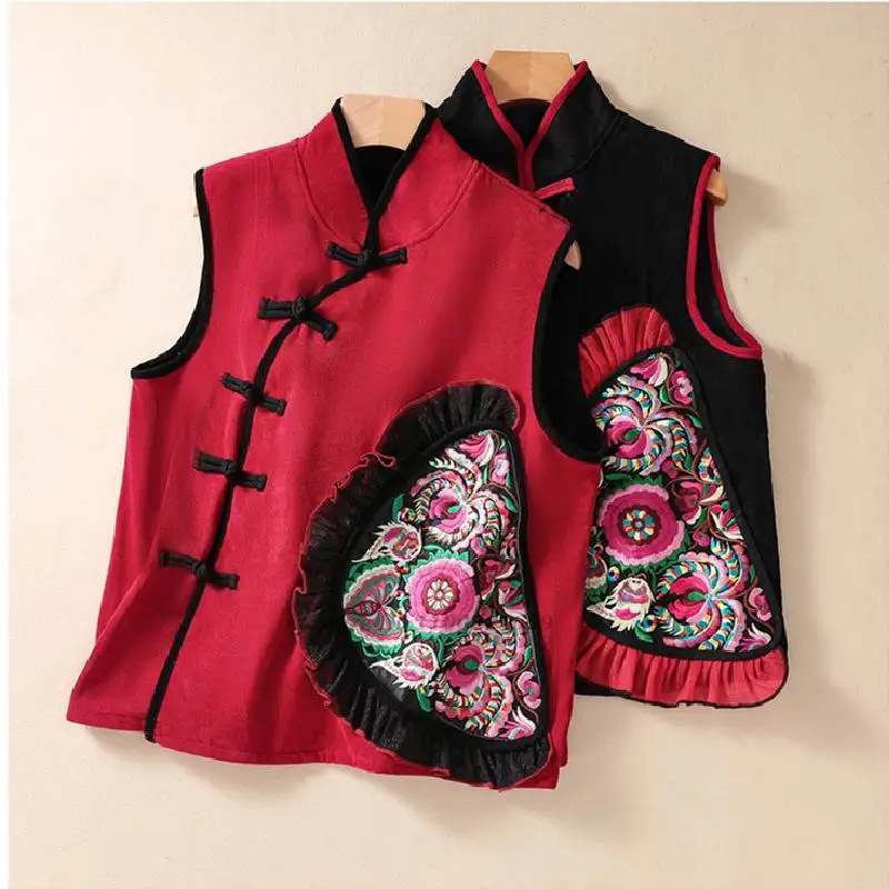 

2023 chinese short vest women sleeveless flower embroidery jacket traditional ethnic style vintage gilet tang suit thicken vest