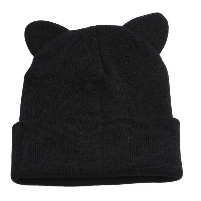 

New Outdoor Running Cat Ears Knitted Hat Lovely Funny Winter Sport Warm Beanie Hat For Women Wool Cap Hat Gray Black