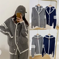 2022tb classic four bars lapel knit cardigan womens fallwinter loose lazy style and age reducing sweater jacket