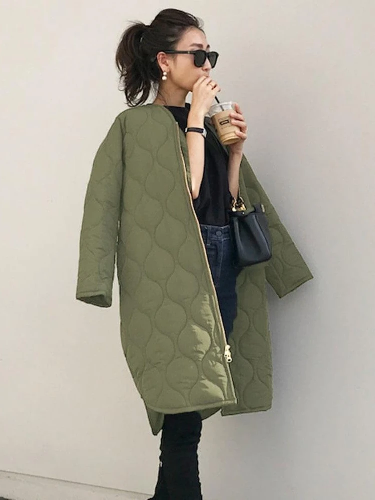 Women's Winter Jacket 2023 Zipper Green Loose Warm Plaid Top V-Neck Casual Streetwear Light Long Quilted Coats Female Cardigan enlarge