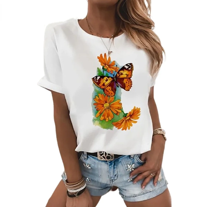 

2022 Women's Country Print White T-Shirt Soft Top O Neck Short Sleeve Slim Fit