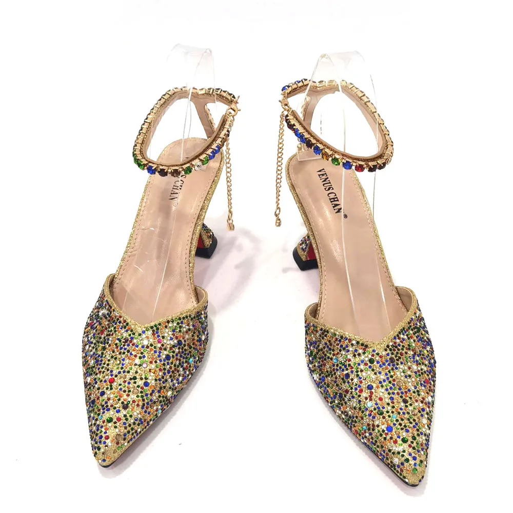 Venus Chan Elegant Party Sandals Colorful Full Diamond Design Pointed Toe High Heels for Women 2023 Bag and Shoes Matching Set