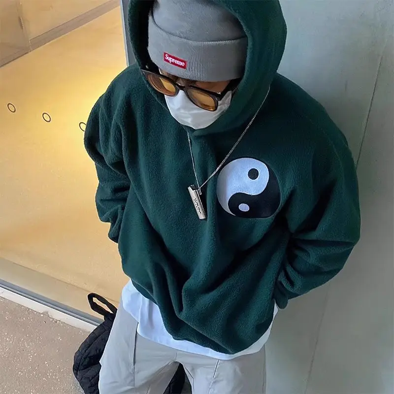 

Korean Style Retro Tai Chi Fleece Hoodie Men and Women Spring and Autumn Fashion Trend Handsome Sense of Design Solid Color Top