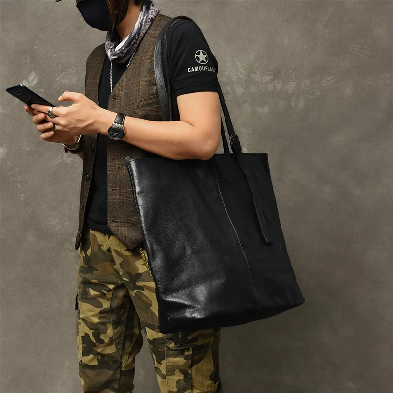 Genuine leather large capacity men's tote bag fashion casual simple high quality soft real cowhide black shoulder shopping bag