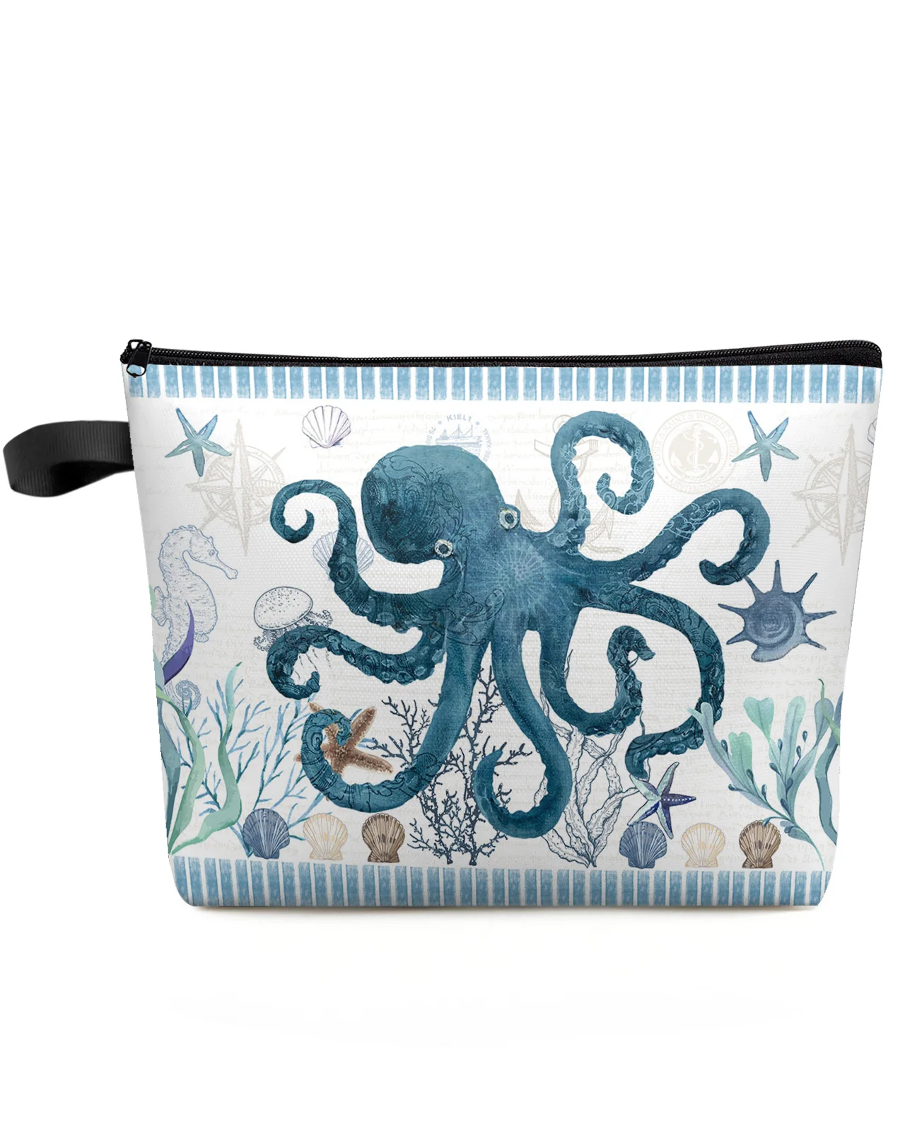 

Mediterranean Style Ocean Stripes Starfish Octopus Cosmetic Bag Portable Makeup Storage Pouch Women Waterproof Pencil Case