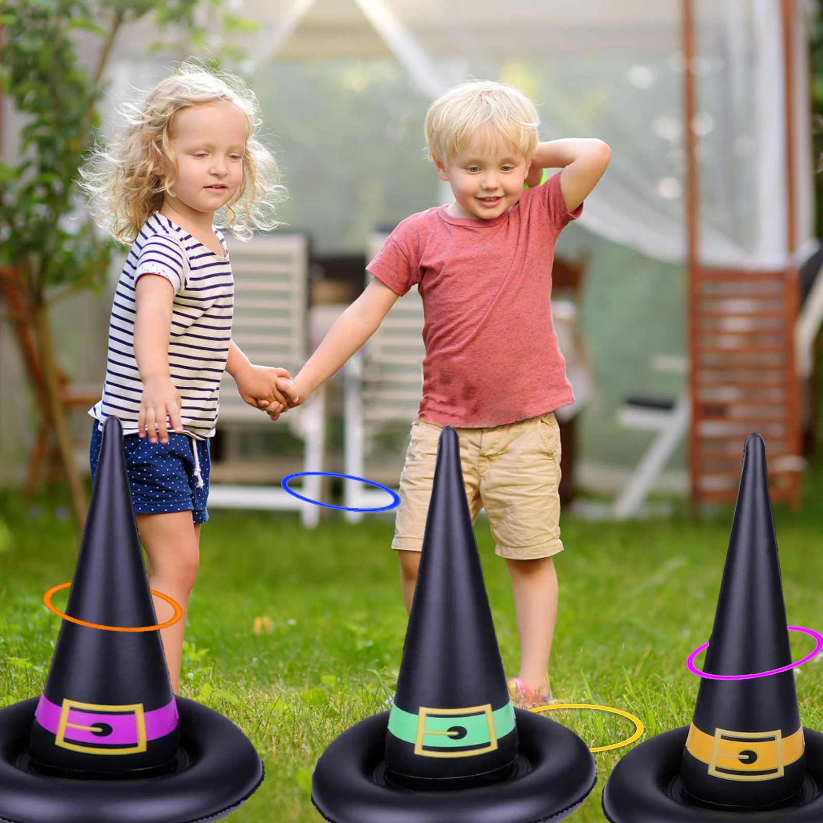 

Inflatable Halloween Witches Hat Ring Toss Game With Plastic Rings Pump Halloween Party Headwear Indoor Outdoor Party Games