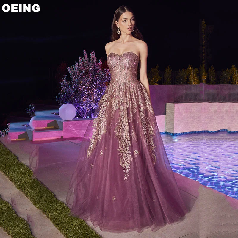 

OEING Gorgeous Embroidered Gauze A-Line Evening Dresses Elegant Senior Handmade Strapless Prom Dress Special Occasion Gown