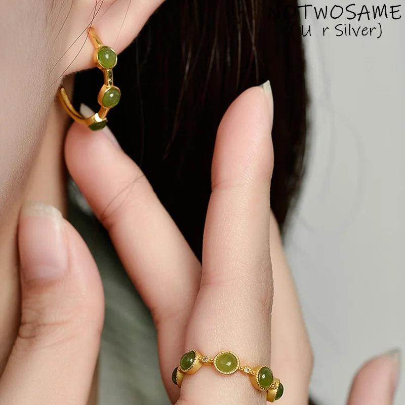 

NOTWOSAME MINI Natural Gemstones Jewelry Sets Women Agate Jadeite Turquoise Ear Hoops Earrings Rings 925 Silver Brincos Fashion