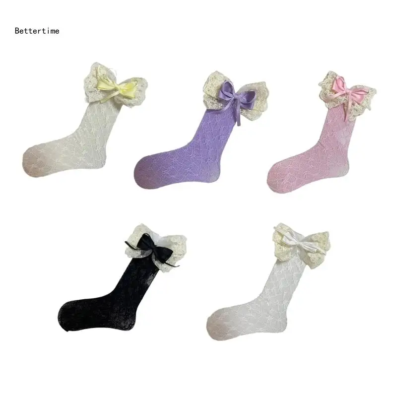 

B36D Womens Knee Length Sock Ribbon Bows Tie Stocking Hollows Lacy Bows Tie Long Fishnet Mesh Ballet Style Sock for Summer