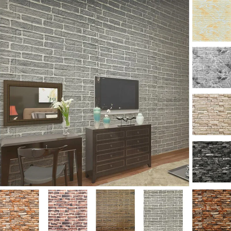 

Grey Brick Foam 3D Wallpaper Sticker Wall Decor Paper Self Adhesive Living Room TV Backgroud DIY Home Mural 77*70cm Soft Sticker