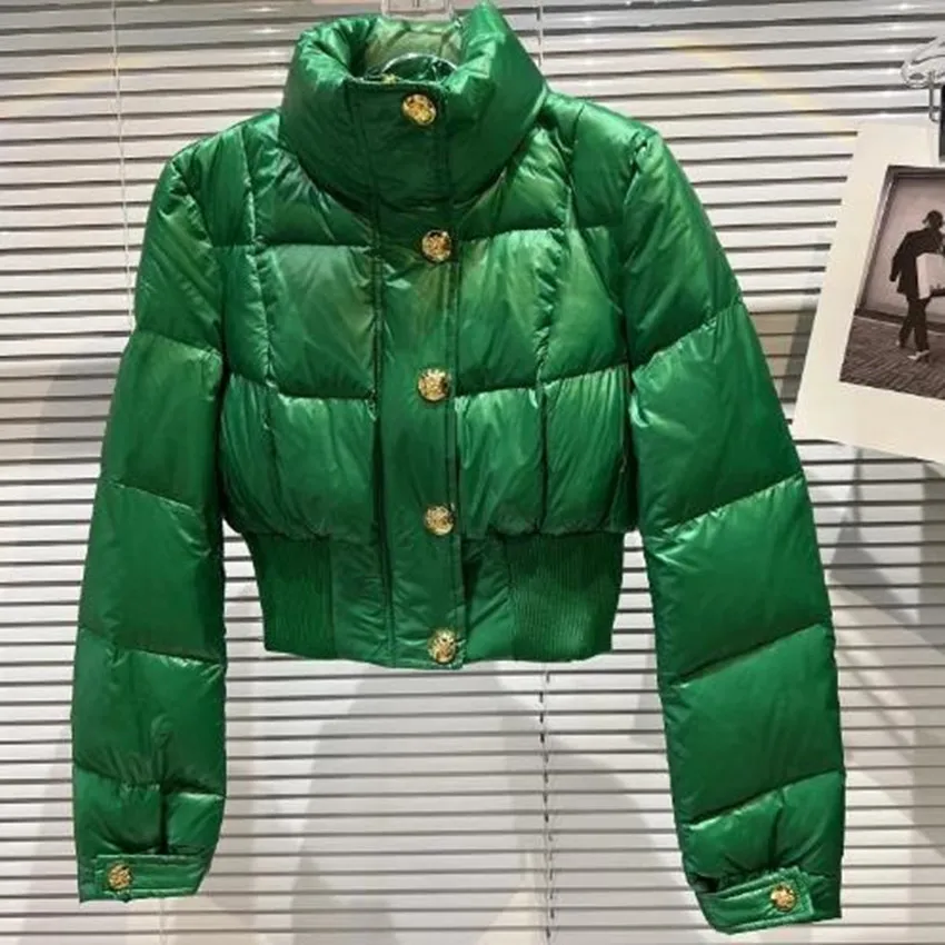 Samll Fragrance Winter Duck Down Cotton-Padded Coat Women Stand Collar Metal Single Breasted Short Warm Outwear