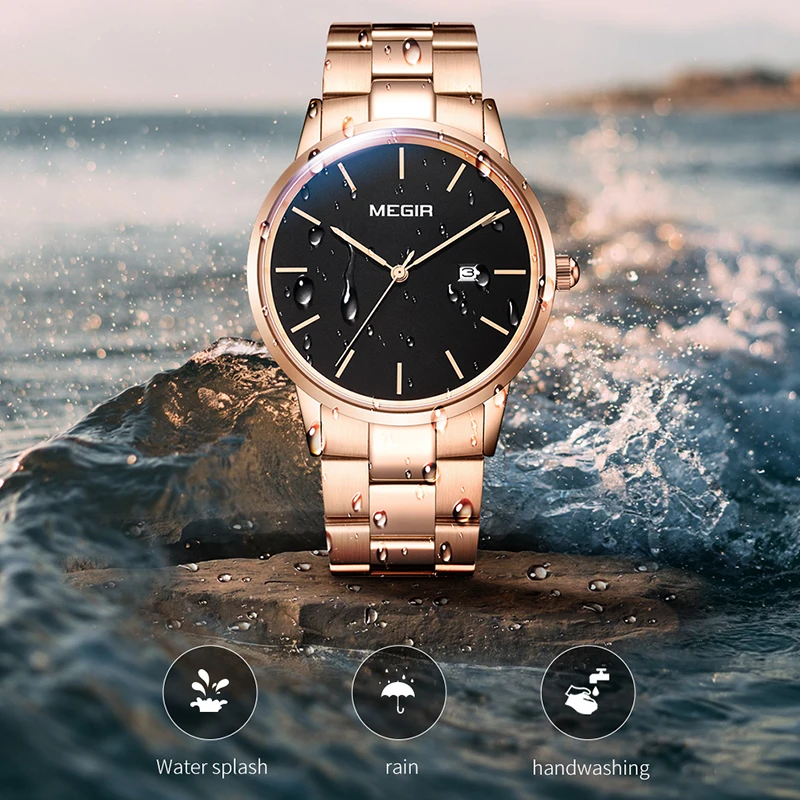 MEGIR Quartz Men's Watches Waterproof Stainless Steel Strap Watches Simple Clock Fashion Casual Lovers Wristwatch