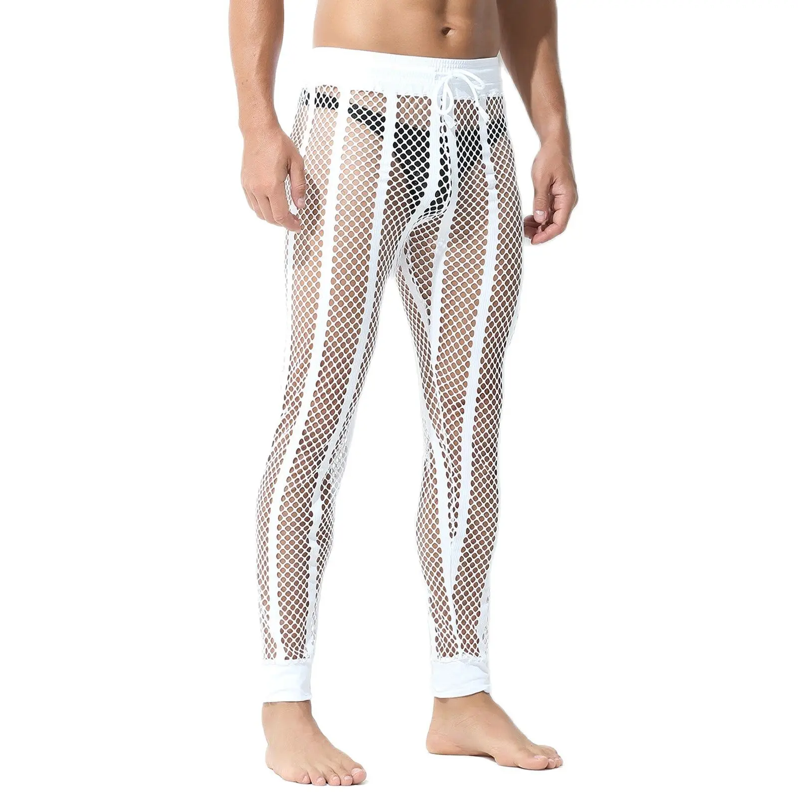 CLEVER-MENMODE Mens Sleep Bottoms Mesh Sheer Sexy Fishnet Long Pants Transparent Nightwear Thin Pajamas Trousers Homewear