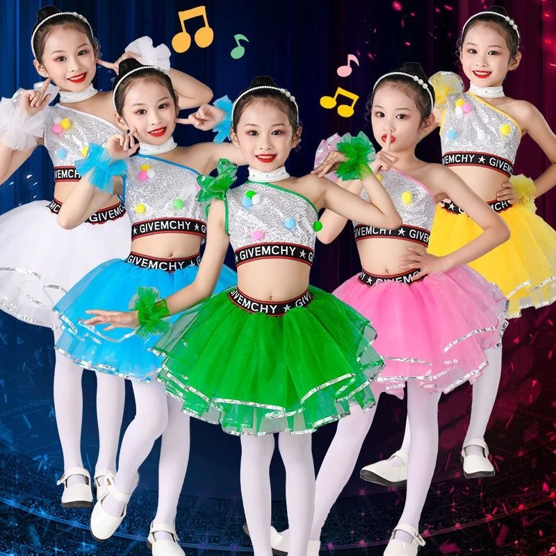 

Новый детский танцевальный костюм женский Блестящий танцевальный костюм для девочек в стиле хип-хоп Джаз детские танцевальные соревнования сценическая одежда для выступлений