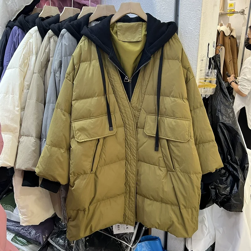 2023 New Women's Fake Two Down Jacket Coats, Thermal Chunky Hooded Large Loose White Duck Down Winter Women's Coat