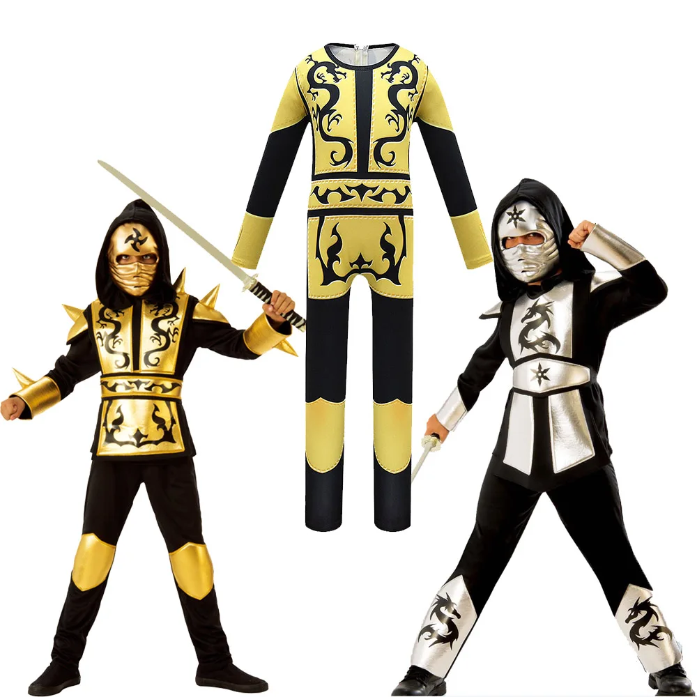 Костюм ниндзя для детей рубашка с капюшоном золотым и серебряным драконом брюки