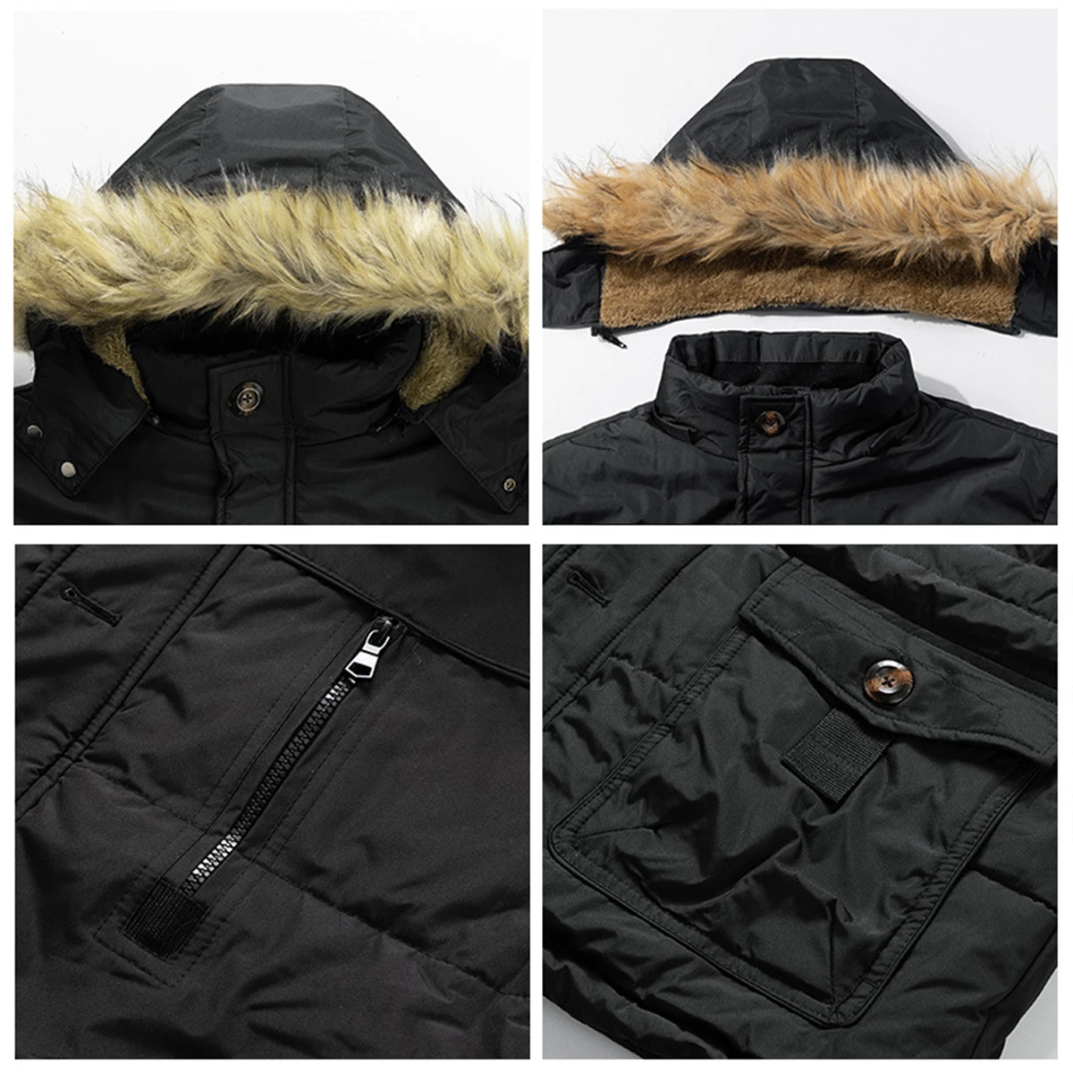 1x Winter Hooded Cotton Jacket Men's Warm Plush Coat Fur Collar Removable Casual Thickened Coat Coat XL-7XL