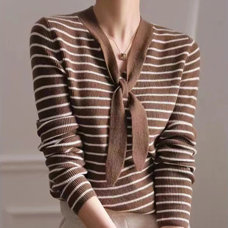 

Sueters De Mujer Moda 2023 Autumn Winter Clothes Vintage striped V Neck Sweater Women Long Sleeve Pullovers Knitted Tops Female