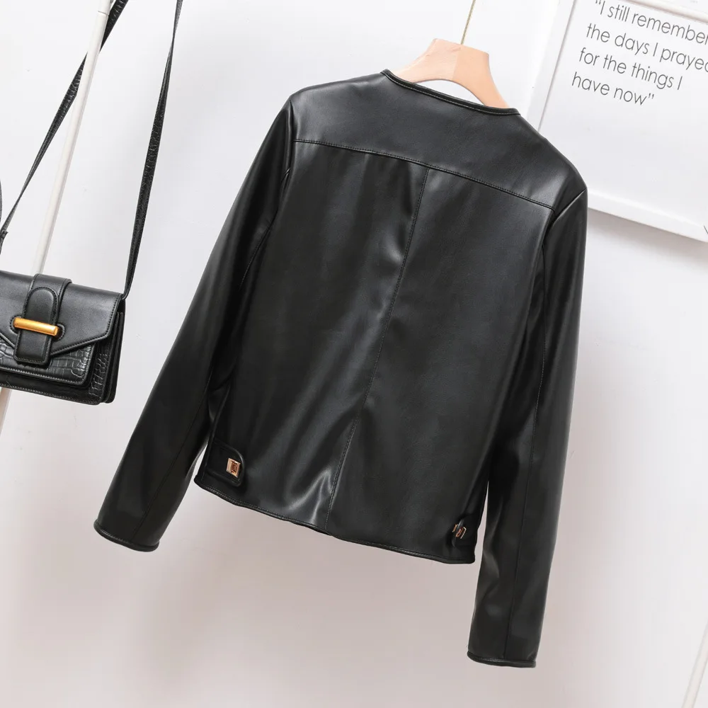 2023 Soft leather crew neck coat single breasted short style temperament women's leather jacket