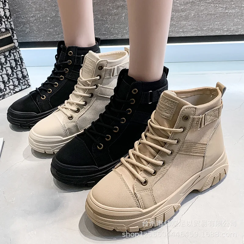 Autumn 2022 New Boots Women Wedges Thick-soled Canvas Women's Shoes High Top Lace Up Round Toe Ankle Boot Botas De Mujer