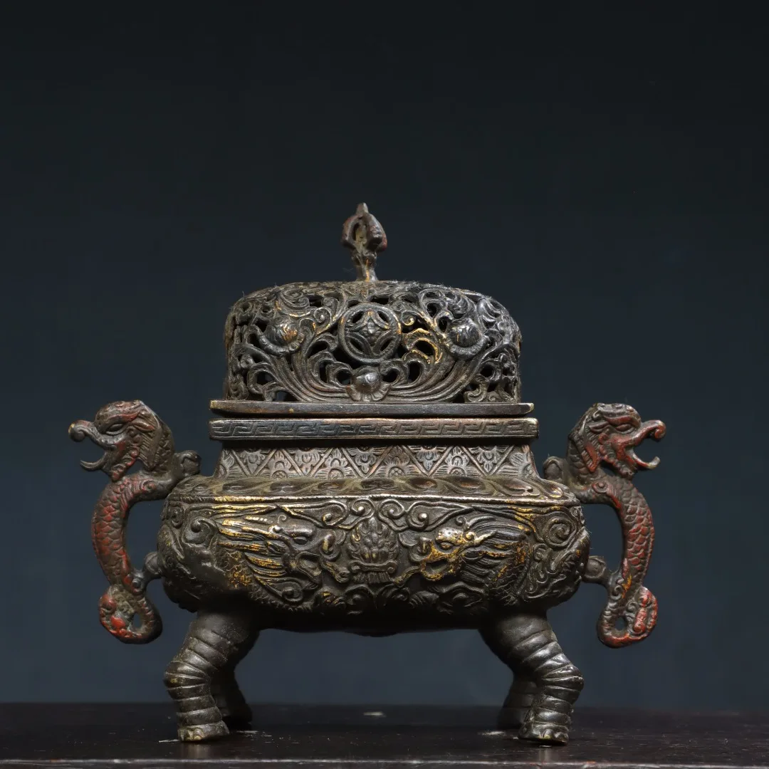 

7"Tibet Temple Collection Old Bronze Cinnabar Gilding Patterned hollowing out Dragon Statue ear Four legged incense burner