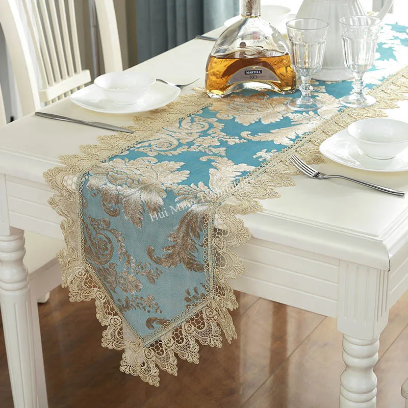 

Table Runner Blue Jacquard Europe Embroidered Table Flag Peacock Lace Cloth Sharp Corner Fashion Coffee Tv Cabinet Dust Cover