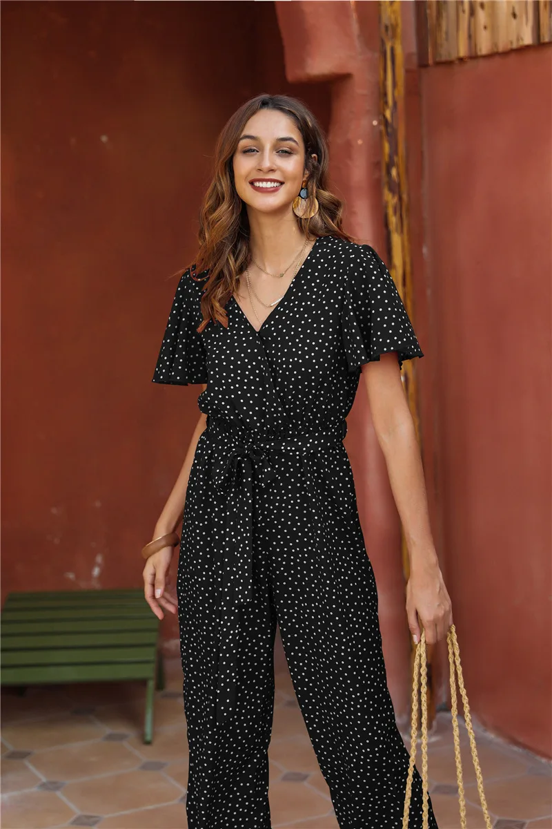 Dot Print Ruffle V-Neck Jumpsuits Summer Women Casual Loose Homewear Vintage Short Sleeve Playsuits 2021 Boho Rompers Overalls