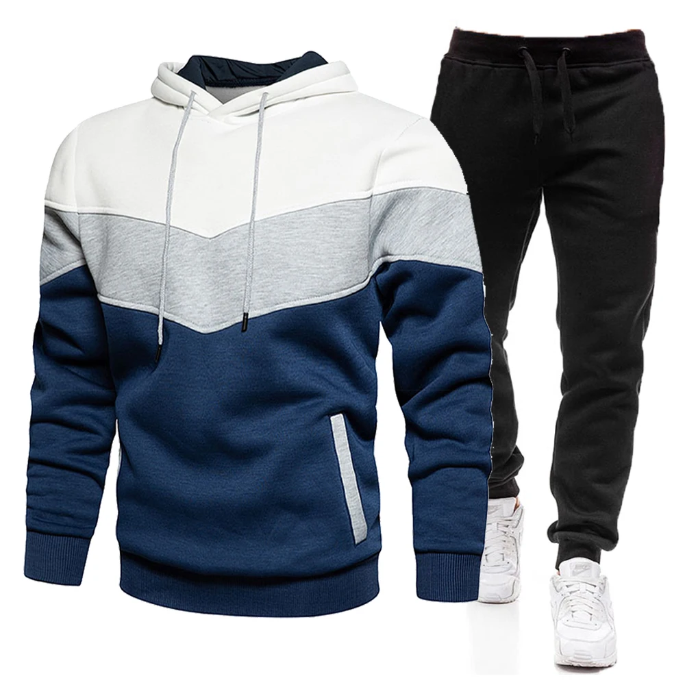 

2023 New Men Patchwork Hoodies Sweatshirt+Sweatpants Suit Autumn Winter Warm Sportswear Sets Tracksuit Men Pullover Jacket Set