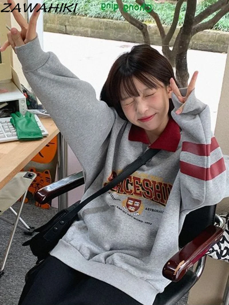 

Harajuku Grey Sweatshirts Women Solid Casual Preppy Style Autumn Pullovers Turndown Collar Tops Classic Letter Embiroidery Top