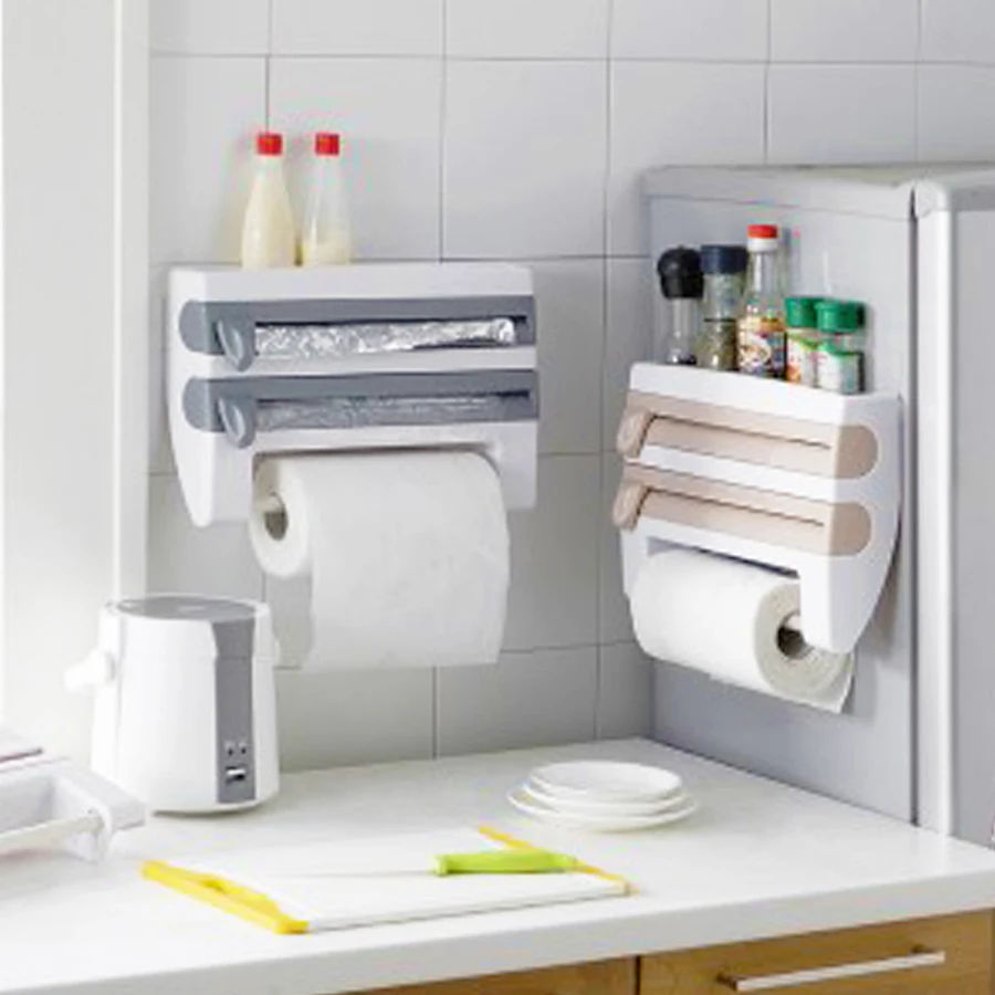 

Wall-Mount Towel Holder Sauce Bottle Storage Rack 4 In 1Plastic Film Cutter Mutifunction Kitchen Organizer Holder Roll Paper Box