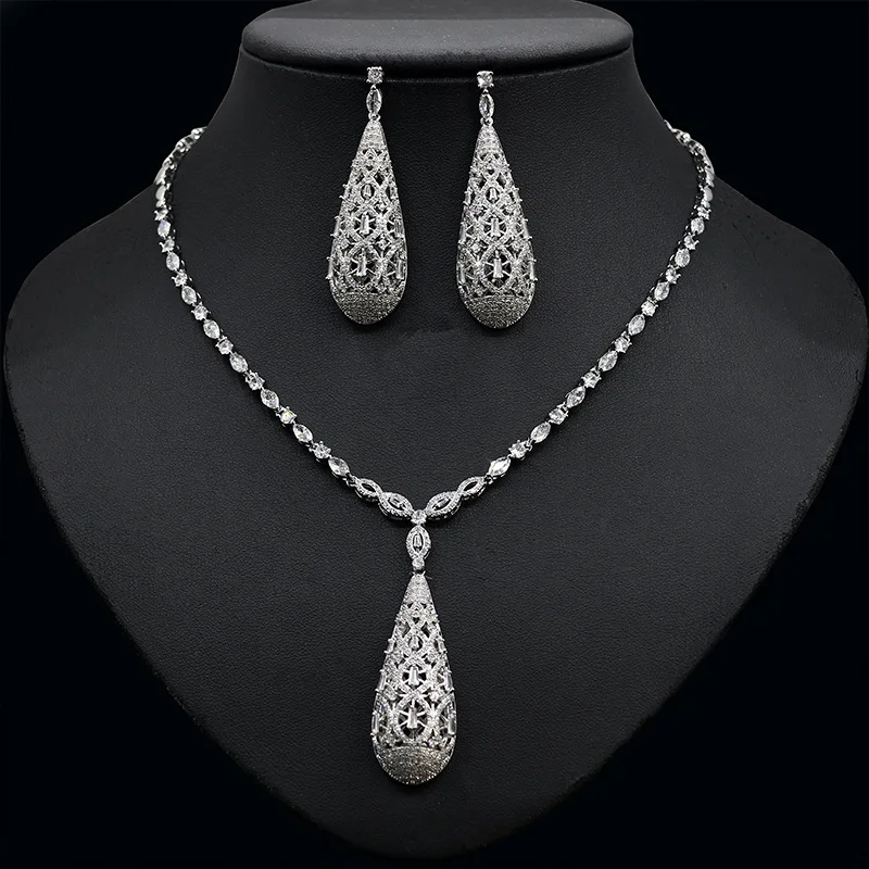 2023 модное женское ожерелье и серьги с подвеской в виде капли воды из фианита