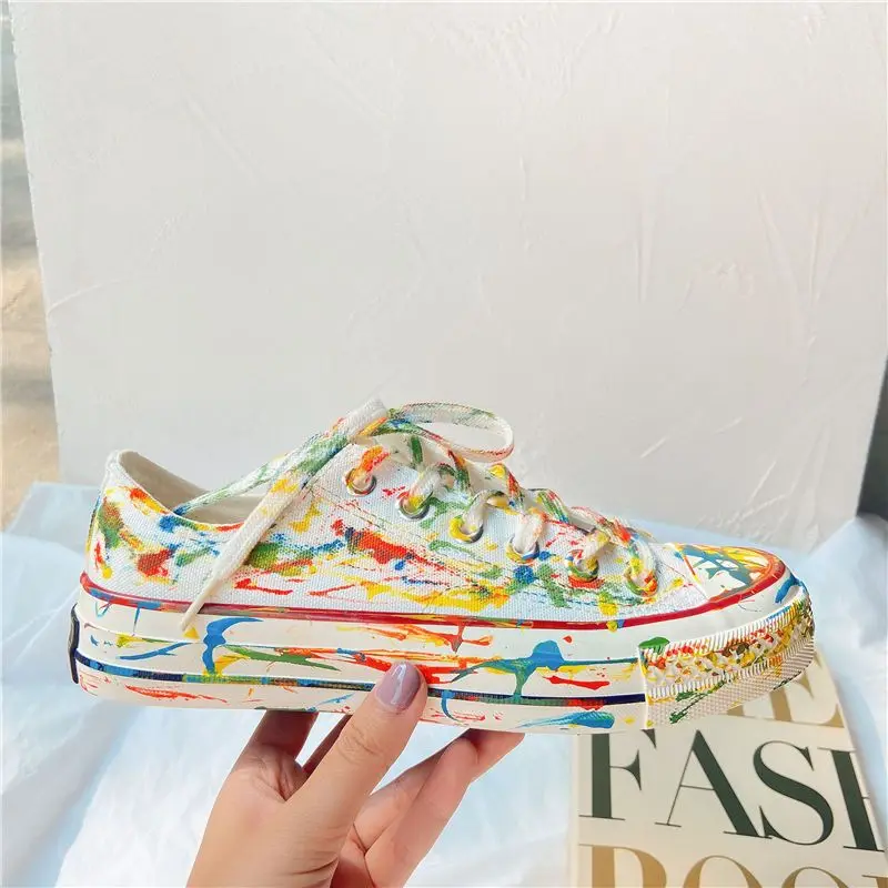SHANPA Graffiti High-top Canvas Casual Shoes for Women Hand-painted Print New Platform Shoes Men Breathable Comfortable Footwear