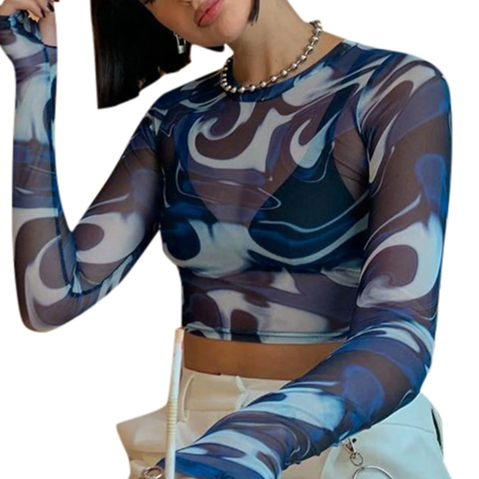 

Female Crop Tops, Floral Print Round Neck Long Sleeve T-Shirt Pullover for Spring Summer, S/M/L