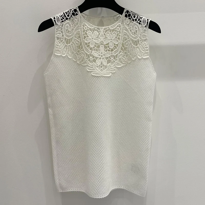 

23 Summer Women Chic Hollow Out Flower Knit Vest Runway Designer Sleeveless Silk Blend Black White Slim Office Lady Fashion Tops